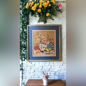 Vintage Needlepoint  Cherry Blossom Framed Picture 19”x21” Fruits Flowers 60s